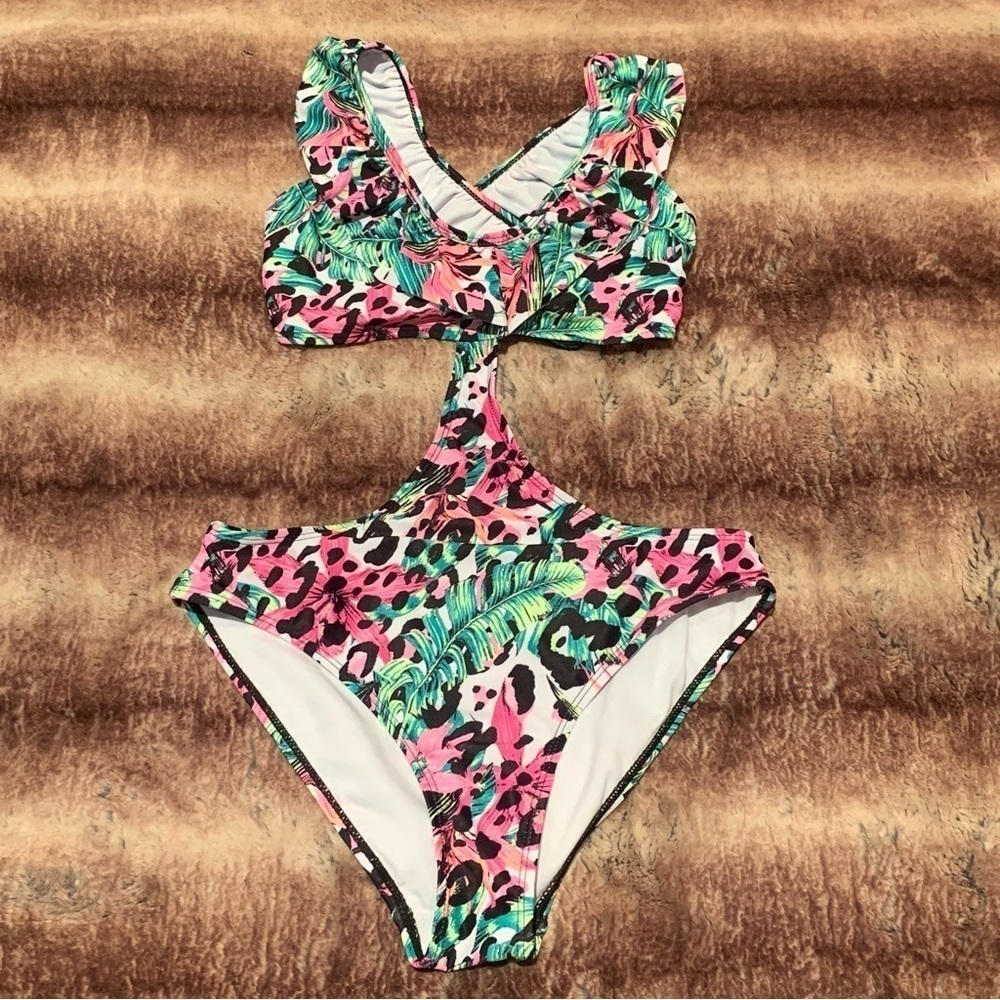 LA LA Leopard Tropical Palm Print Cutout Ruffle One Piece Bathing Suit